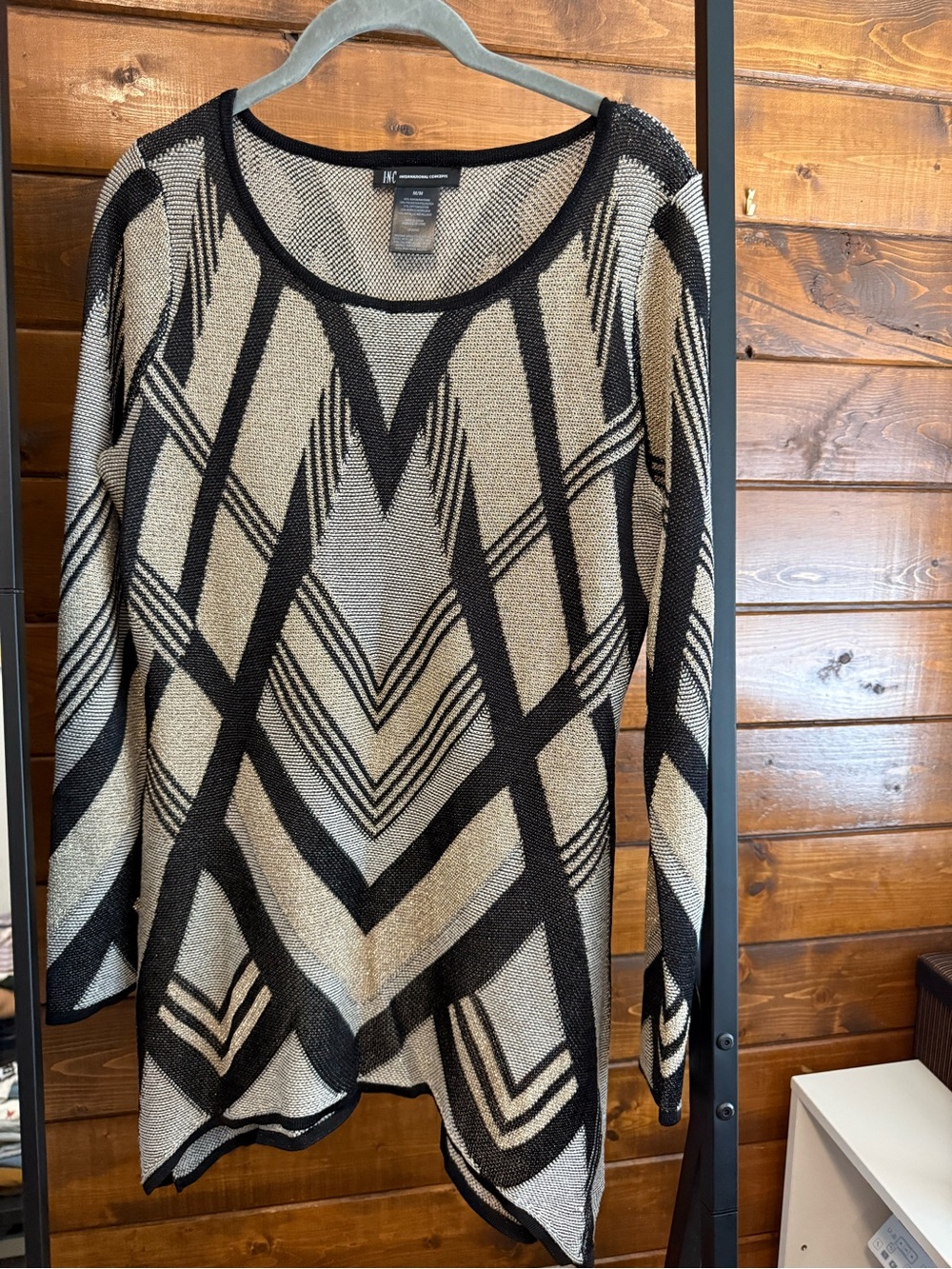 INC International Concepts Black and Gold Geometric Scoop Neck Sweater